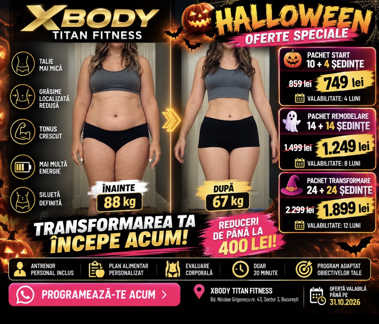 Oferta Halloween XBody Titan Fitness: pachete de 14, 28 sau 48 de sedinte, cu reduceri de pana la 400 lei, valabile pana pe 31 octombrie 2026